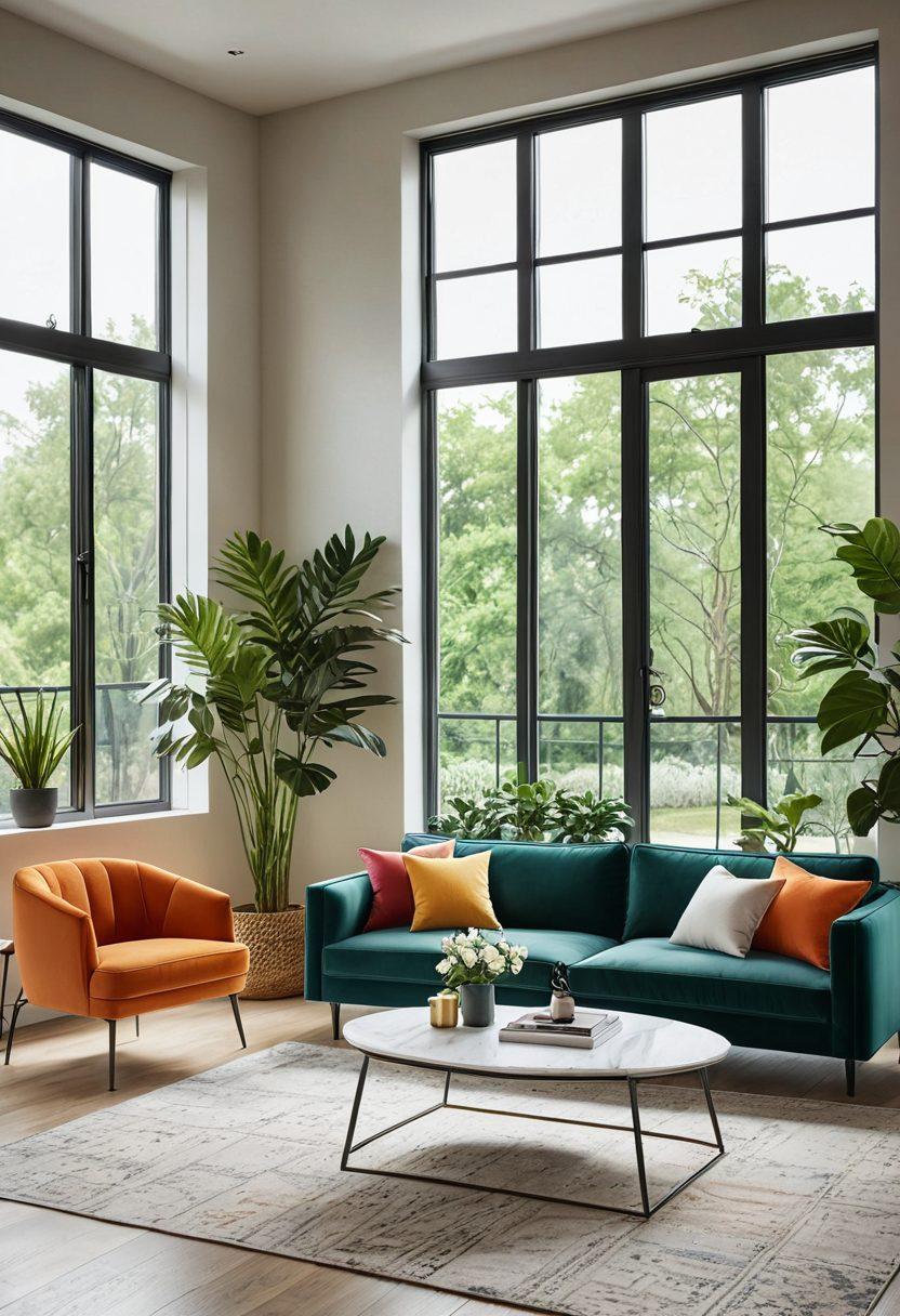 A beautifully styled living room showcasing innovative furniture designs, featuring a stylish sofa, a unique coffee table, and vibrant decor elements. Soft natural lighting floods the space through large windows, while trendy houseplants add a touch of greenery. A harmonious color palette enhances the modern aesthetic, inviting viewers to visualize their dream home. super-realistic. vibrant colors. cozy atmosphere.