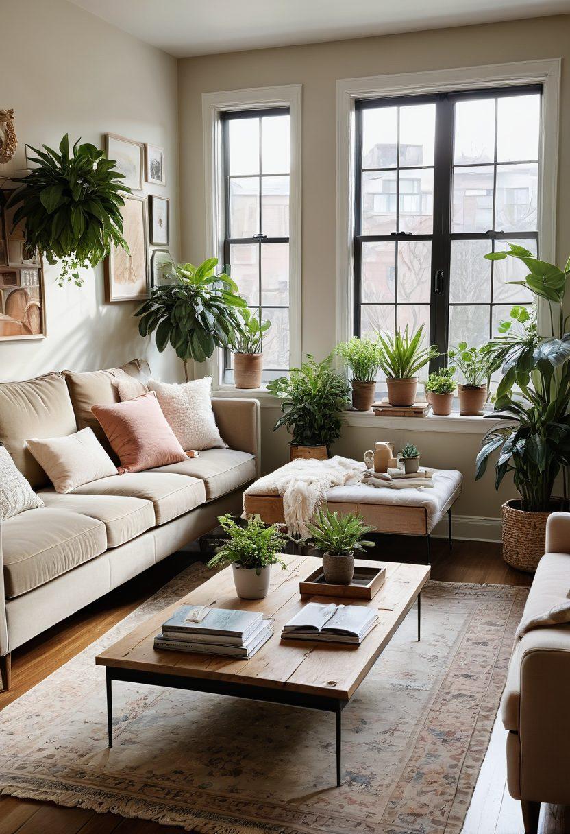 A cozy living room featuring a mix of modern and vintage furniture, adorned with lush indoor plants and stylish decor. The color palette includes soft pastels and earthy tones, highlighting the latest home styling trends. A large window allows natural light to flood the space, and there are curated art pieces on the walls. Include a warm and inviting ambiance that reflects various aesthetics. super-realistic. vibrant colors. soft focus.