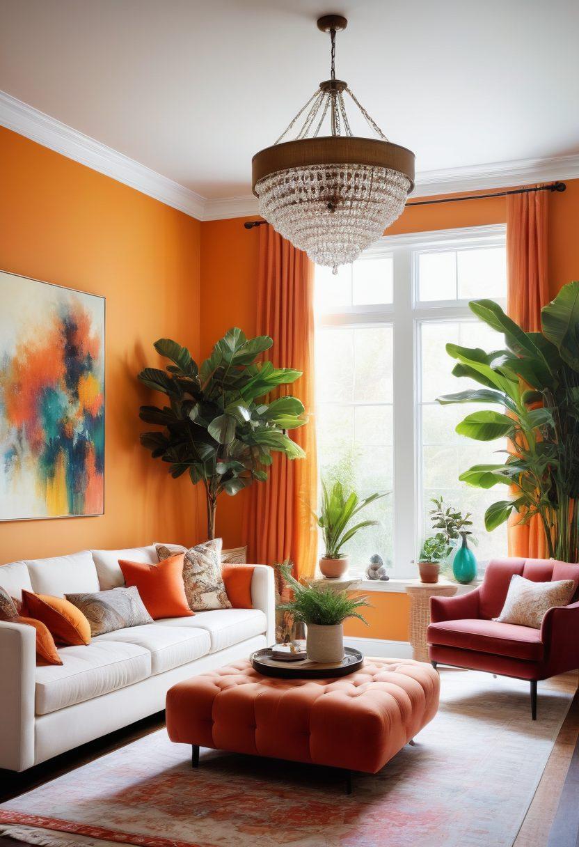 A beautifully designed living room showcasing creative interior enhancements, featuring vibrant wall colors, stylish furniture, unique art pieces, and indoor plants. There should be natural sunlight filtering through large windows, casting a warm glow, with cozy textures like cushions and throws. Add a modern chandelier to highlight the space. super-realistic. vibrant colors. white background.